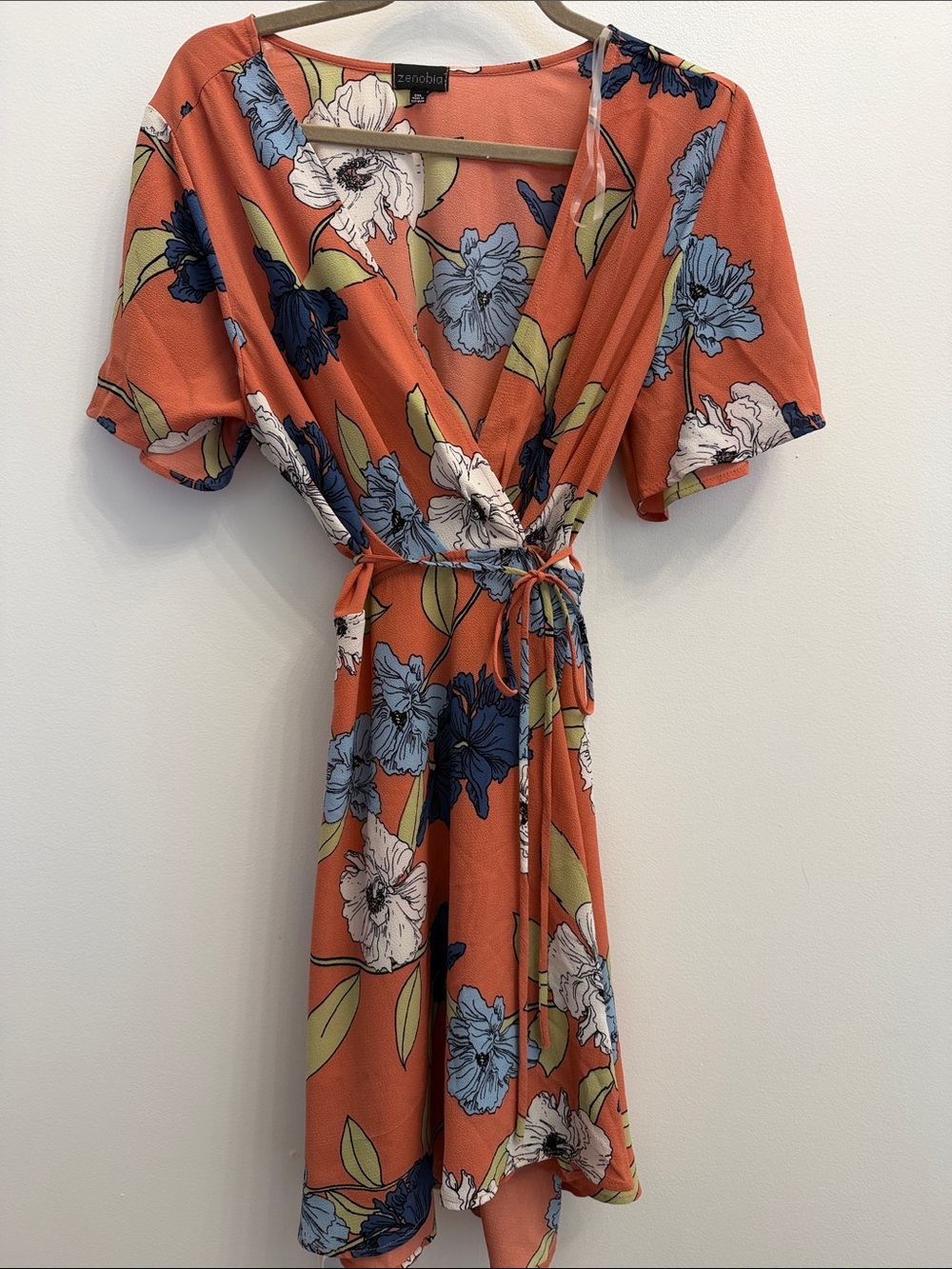 Zenobia Orange Floral Wrap Dress with Blue & White Blooms